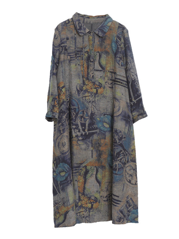 Vintage Buttoned Printed Ramie Cotton Lapel Long Sleeves Midi Dress