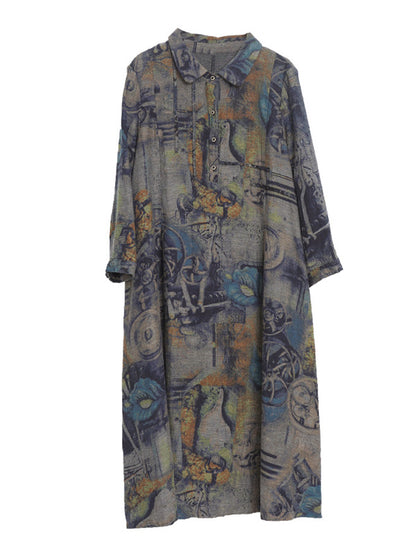 Vintage Buttoned Printed Ramie Cotton Lapel Long Sleeves Midi Dress