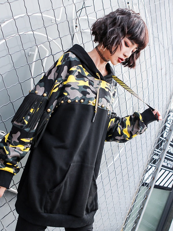 Camouflage Stitching Tasseled Thickning Hoodie
