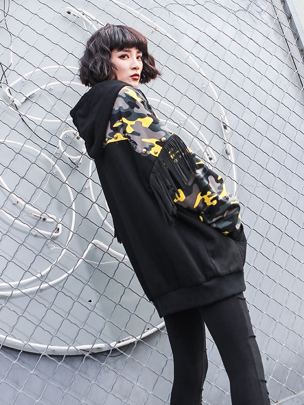 Camouflage Stitching Tasseled Thickning Hoodie