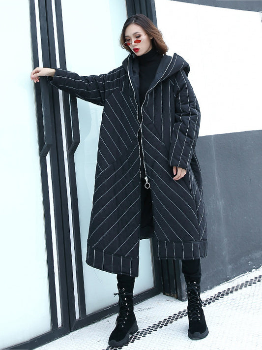 LOOSE SPLIT-FRONT STRIPED HOODED LONG COTTON-PADDED JACKET