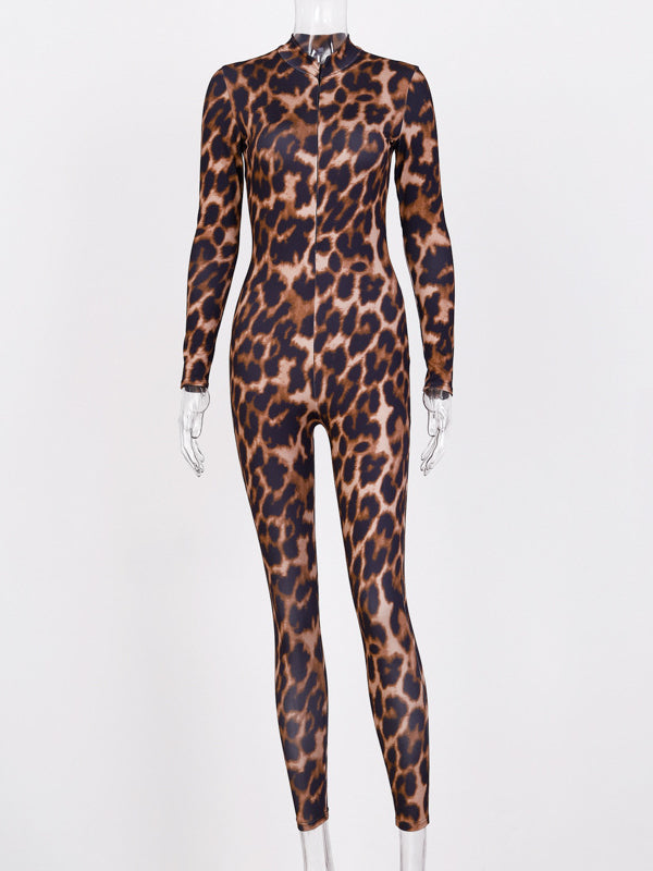 Leopard Printed Empire Zipper Jumpsuits