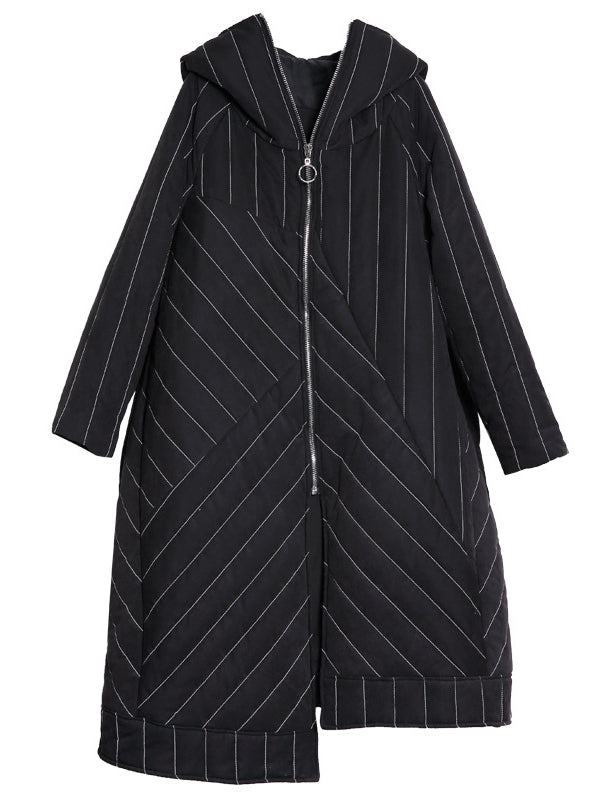 LOOSE SPLIT-FRONT STRIPED HOODED LONG COTTON-PADDED JACKET