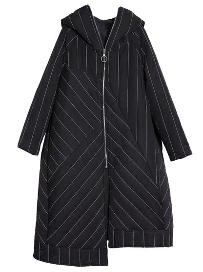LOOSE SPLIT-FRONT STRIPED HOODED LONG COTTON-PADDED JACKET