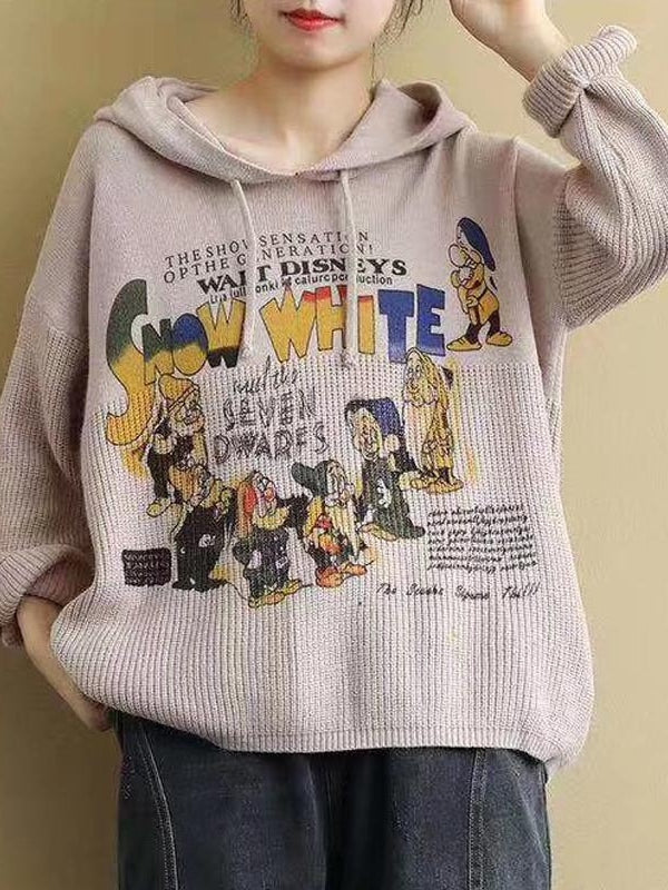 VINTAGE LETTER PRINTED CASUAL KNIT HOODIE SWEATER