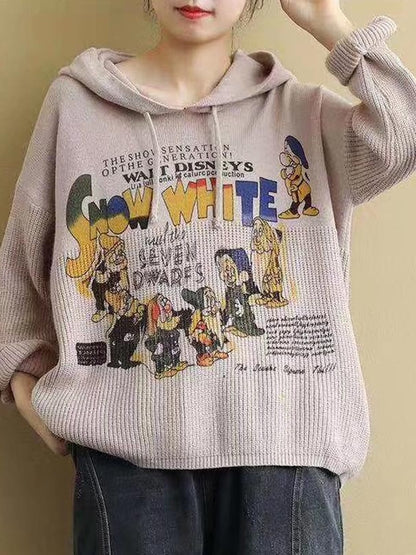 VINTAGE LETTER PRINTED CASUAL KNIT HOODIE SWEATER