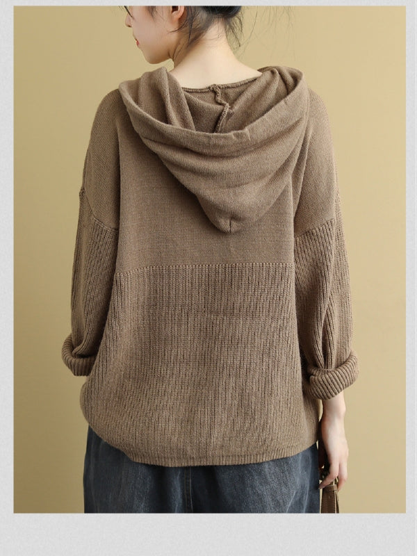 VINTAGE LETTER PRINTED CASUAL KNIT HOODIE SWEATER