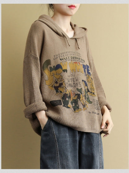 VINTAGE LETTER PRINTED CASUAL KNIT HOODIE SWEATER