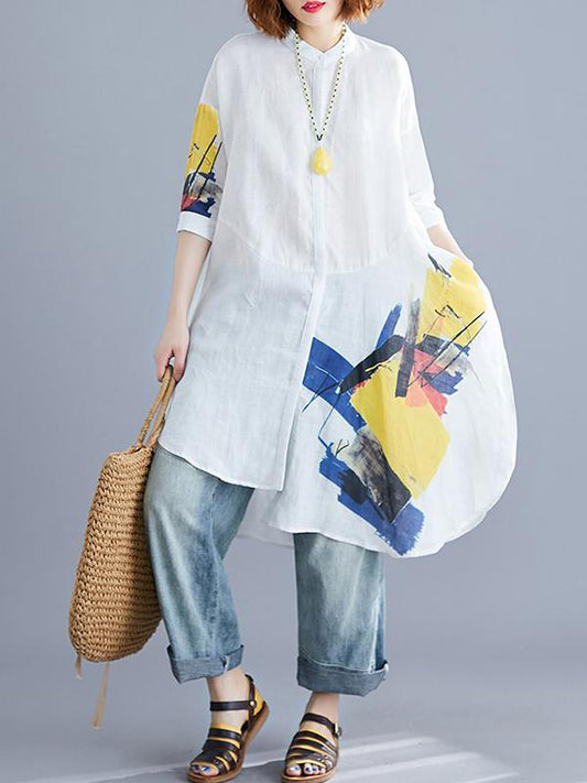 Loose Printed Stand-collar Shirt