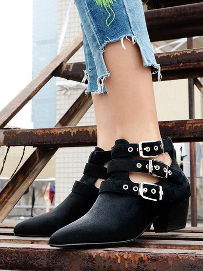 Vintage Hollow Buckle Pointed Booties