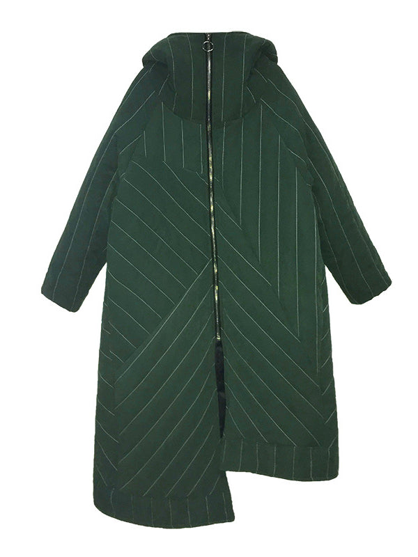 LOOSE SPLIT-FRONT STRIPED HOODED LONG COTTON-PADDED JACKET