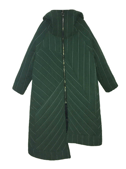 LOOSE SPLIT-FRONT STRIPED HOODED LONG COTTON-PADDED JACKET