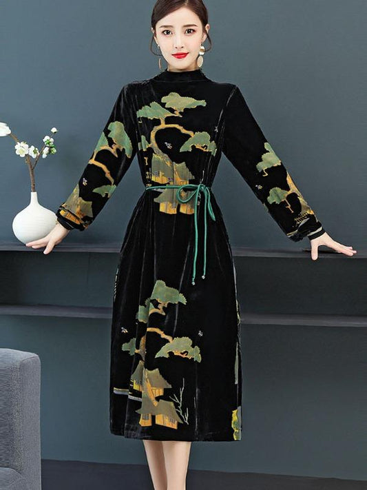 Vintage Velvet Collect Waist Midi Dress