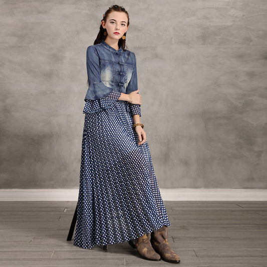 Flare Sleeve Single Breasted Denim Maxi Dresses