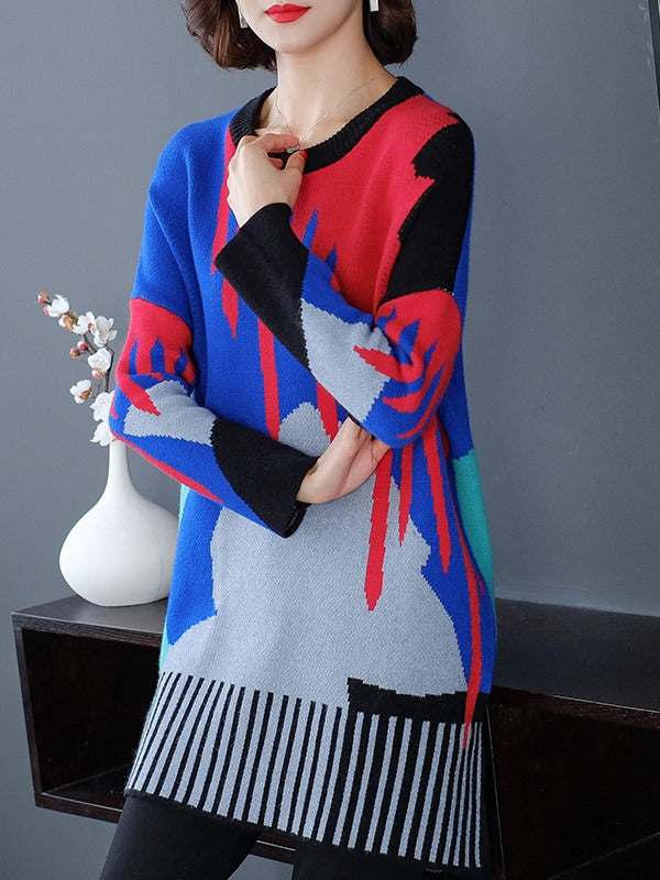 LOOSE CONTRAST COLOR HIGH-LOW KNITTING SWEATER
