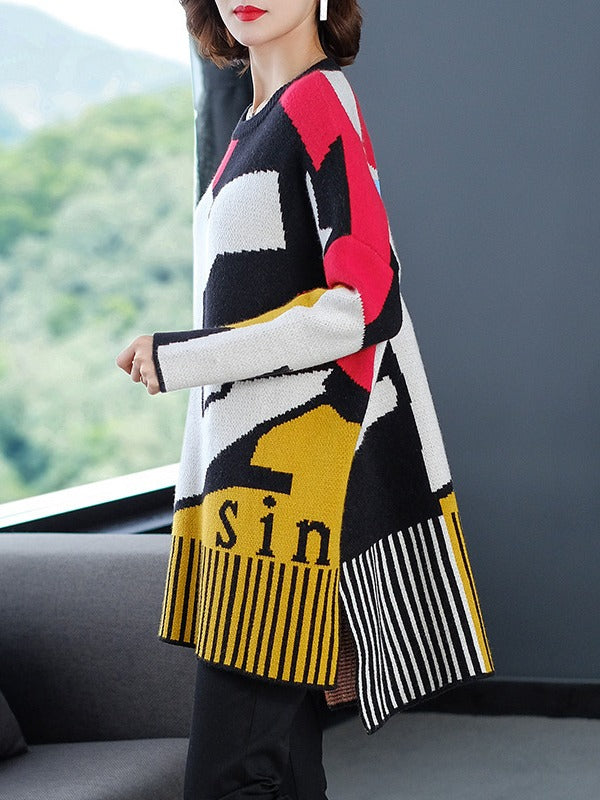 LOOSE CONTRAST COLOR HIGH-LOW KNITTING SWEATER