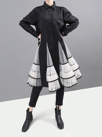 Loose Stitching Mesh Lapel Dress