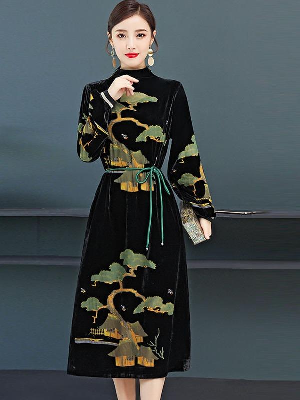 Vintage Velvet Collect Waist Midi Dress