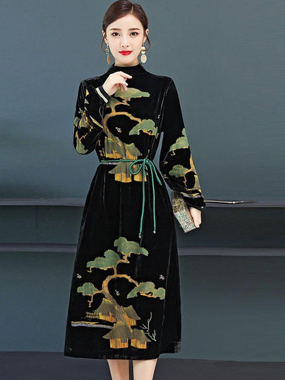 Vintage Velvet Collect Waist Midi Dress