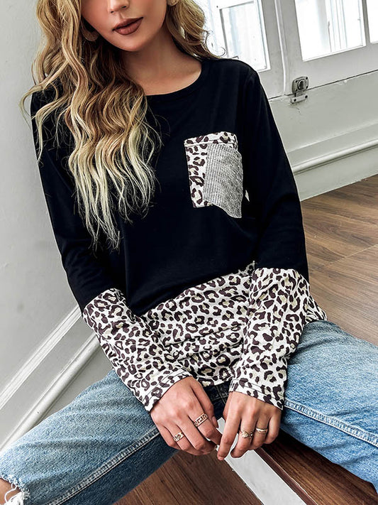 Causal Constrast Color Split-Joint Round-Neck Long Sleeves T-Shirt Tops