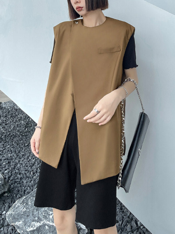 Urban Irregular Solid Color Buttoned Round-Neck Sleeveless Vest Outwear