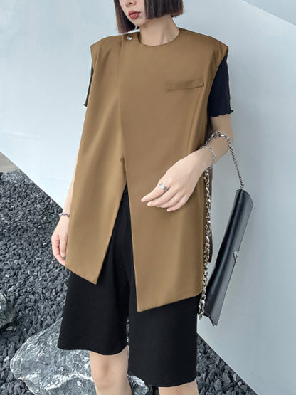 Urban Irregular Solid Color Buttoned Round-Neck Sleeveless Vest Outwear