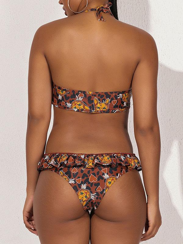 Cat-Print Ruffled Split Bikini Swimsuit