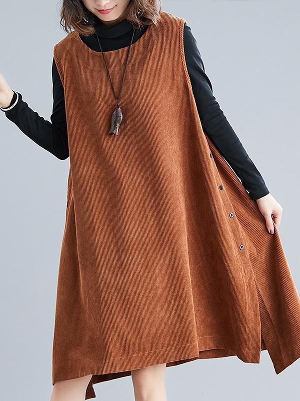 Solid Corduroy Split-side Vest Dress
