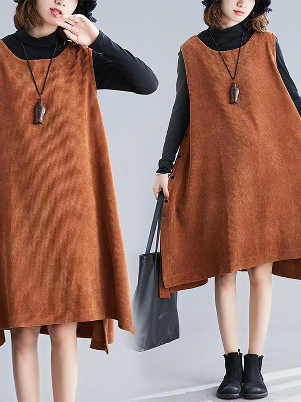 Solid Corduroy Split-side Vest Dress
