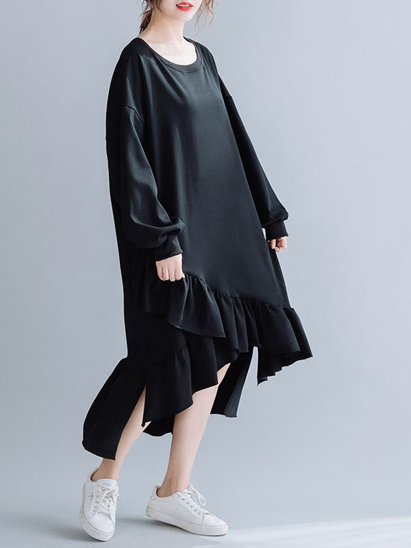 SOLID CROPPED SPLIT-JOINT LACY SWEATSHIRT DRESS