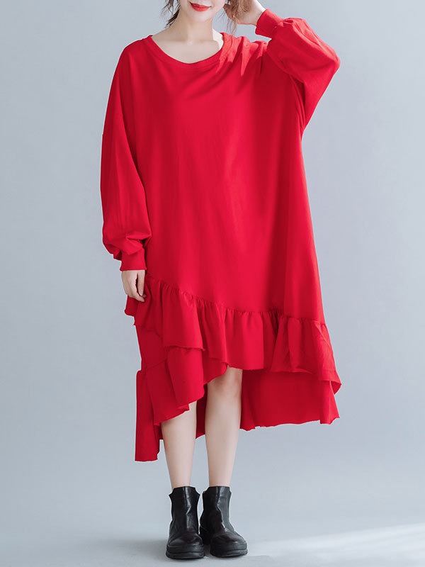 SOLID CROPPED SPLIT-JOINT LACY SWEATSHIRT DRESS