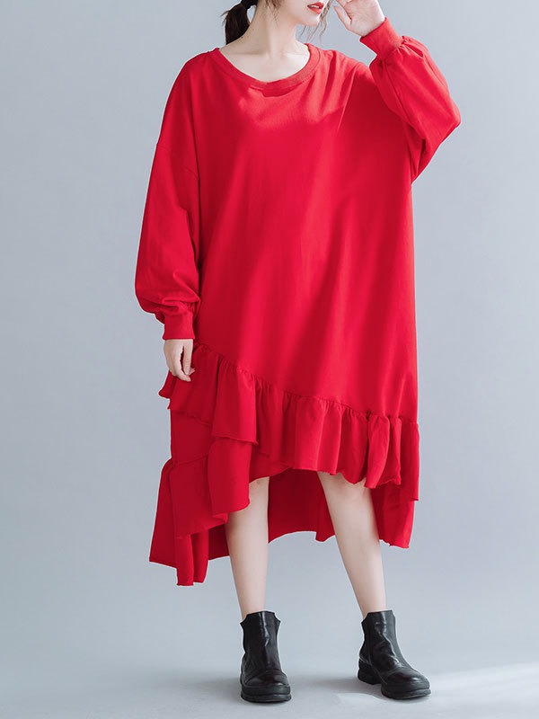 SOLID CROPPED SPLIT-JOINT LACY SWEATSHIRT DRESS