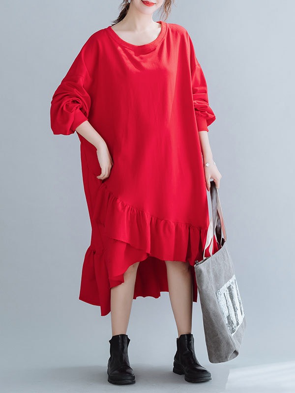 SOLID CROPPED SPLIT-JOINT LACY SWEATSHIRT DRESS