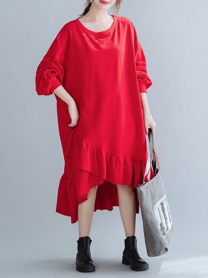 SOLID CROPPED SPLIT-JOINT LACY SWEATSHIRT DRESS