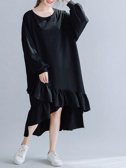 SOLID CROPPED SPLIT-JOINT LACY SWEATSHIRT DRESS
