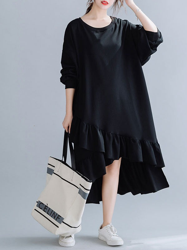 SOLID CROPPED SPLIT-JOINT LACY SWEATSHIRT DRESS