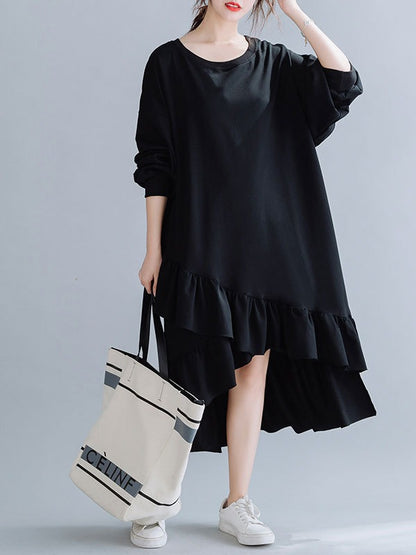 SOLID CROPPED SPLIT-JOINT LACY SWEATSHIRT DRESS