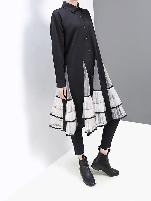 Loose Stitching Mesh Lapel Dress