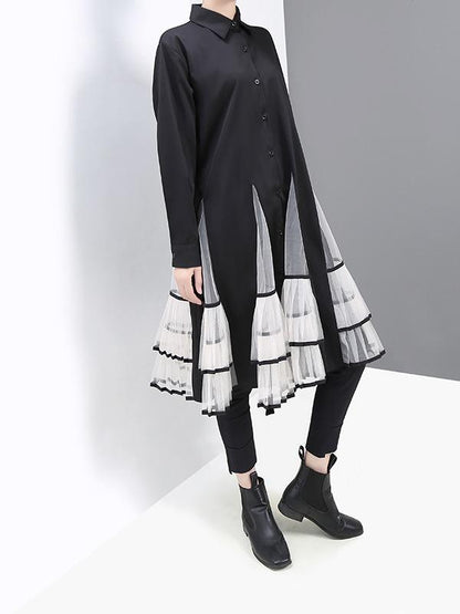 Loose Stitching Mesh Lapel Dress