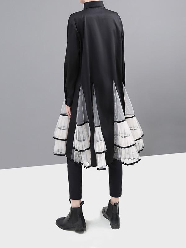 Loose Stitching Mesh Lapel Dress
