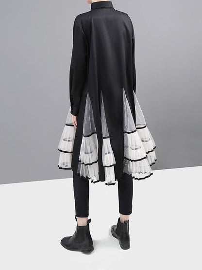 Loose Stitching Mesh Lapel Dress