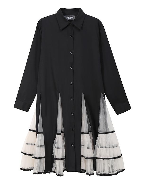 Loose Stitching Mesh Lapel Dress