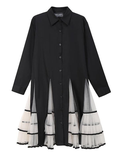 Loose Stitching Mesh Lapel Dress