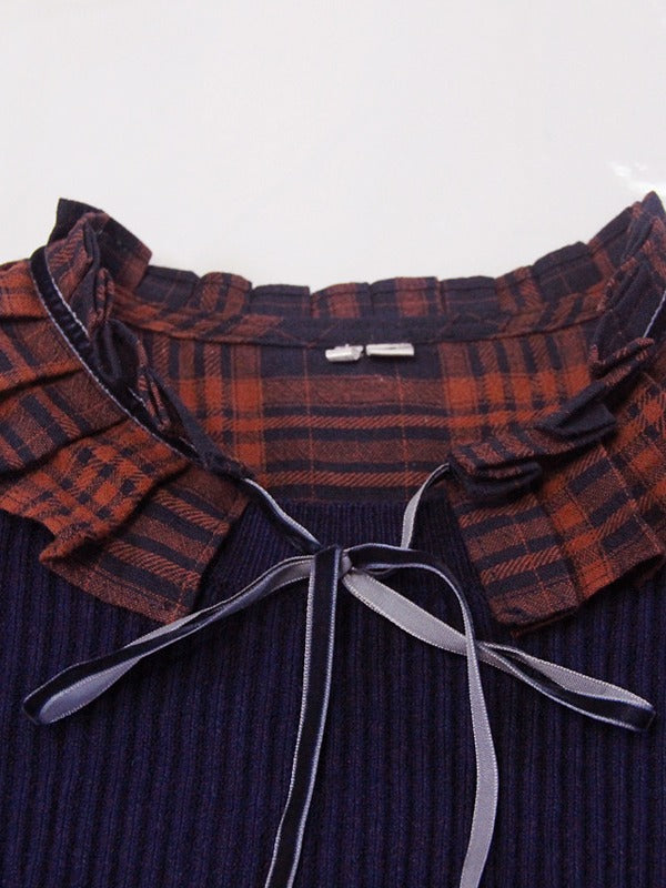 Vintage Pleated Bow Plaid Doll-Neck Midi Dress