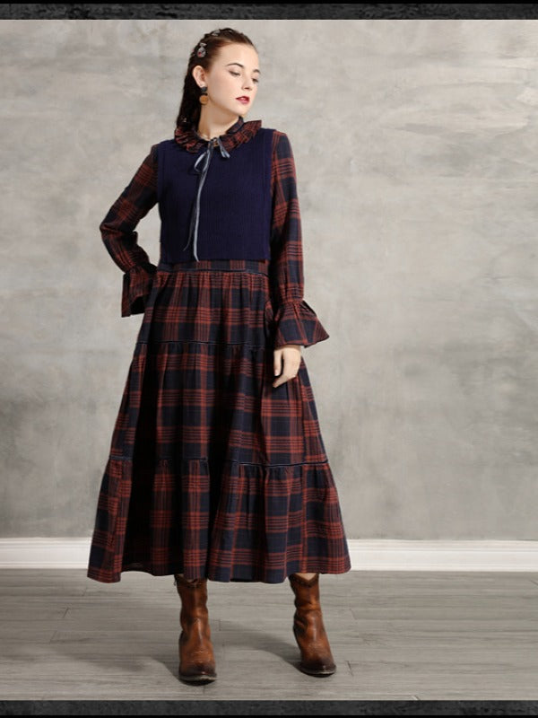Vintage Pleated Bow Plaid Doll-Neck Midi Dress