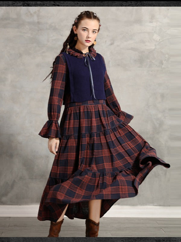 Vintage Pleated Bow Plaid Doll-Neck Midi Dress