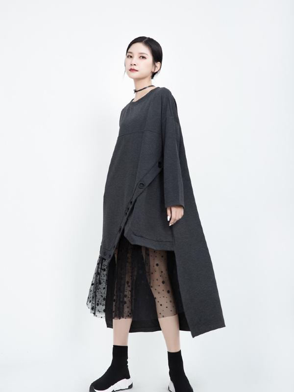 Polka-dot Gauze Split-joint Cropped Midi Dress