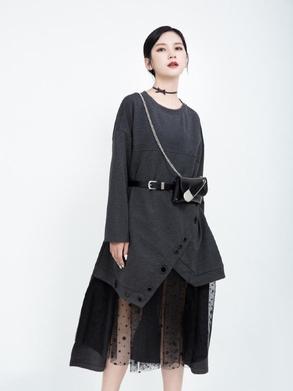 Polka-dot Gauze Split-joint Cropped Midi Dress