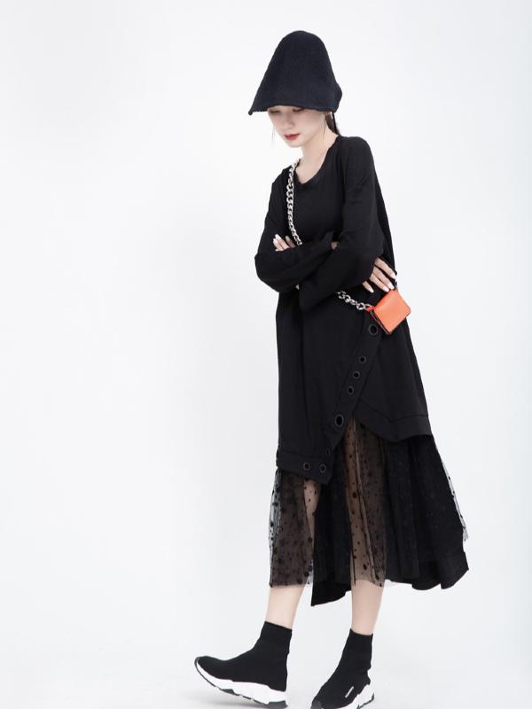 Polka-dot Gauze Split-joint Cropped Midi Dress