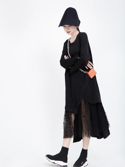Polka-dot Gauze Split-joint Cropped Midi Dress